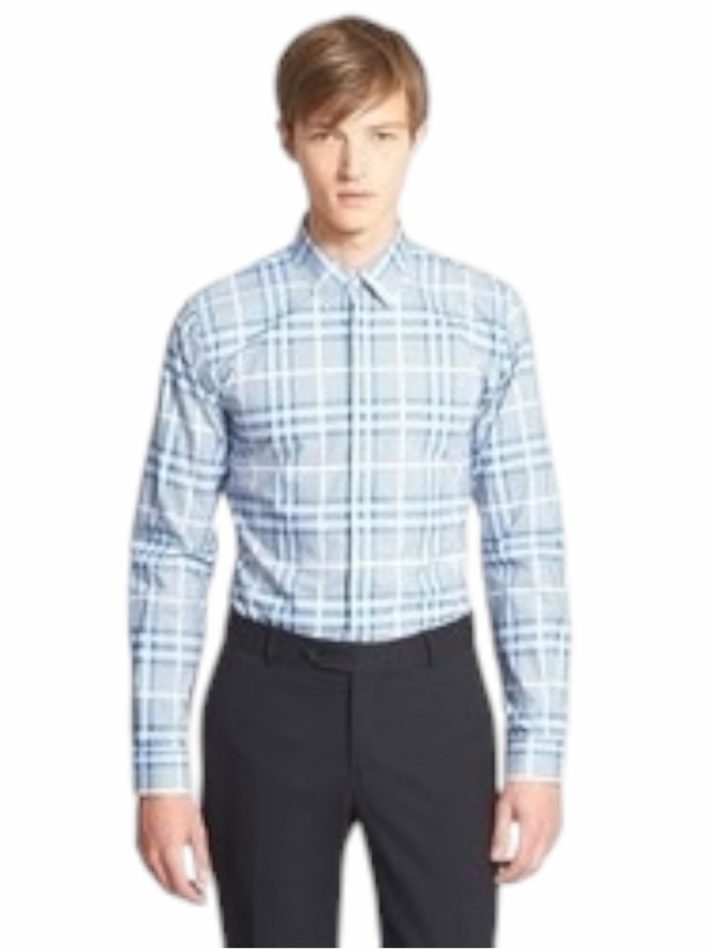 Burberry London Slim Fit Plaid Button Down Shirt Blue White Cotton Size L